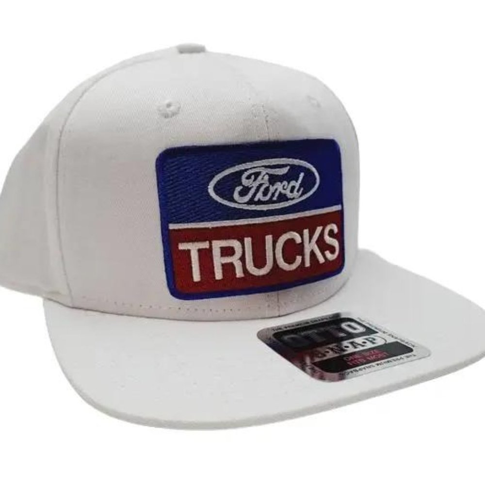 Retro 80s Heavy Duty Ford Trucks Embroidered Patch Flat Bill Cap Hat White Snapb